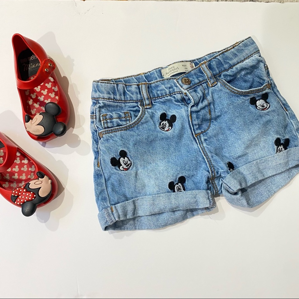 ZARA x DISNEY Baby Girl HTF Mickey Mouse Embroidered Denim Shorts
